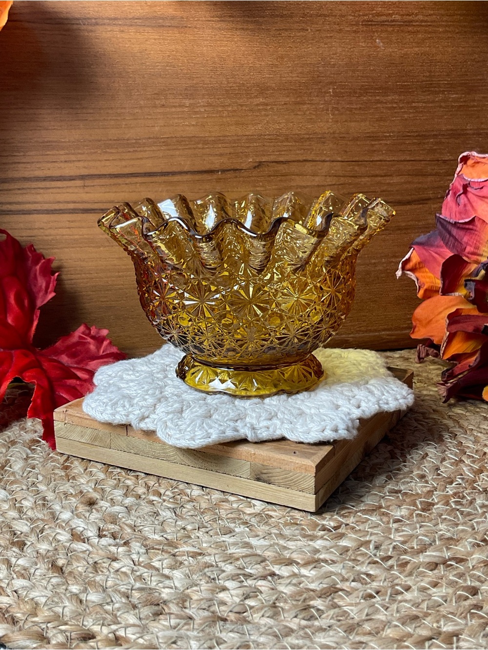 Vintage Amber Daisy & Button Ruffled Pedestal Pressed Glass Bowl